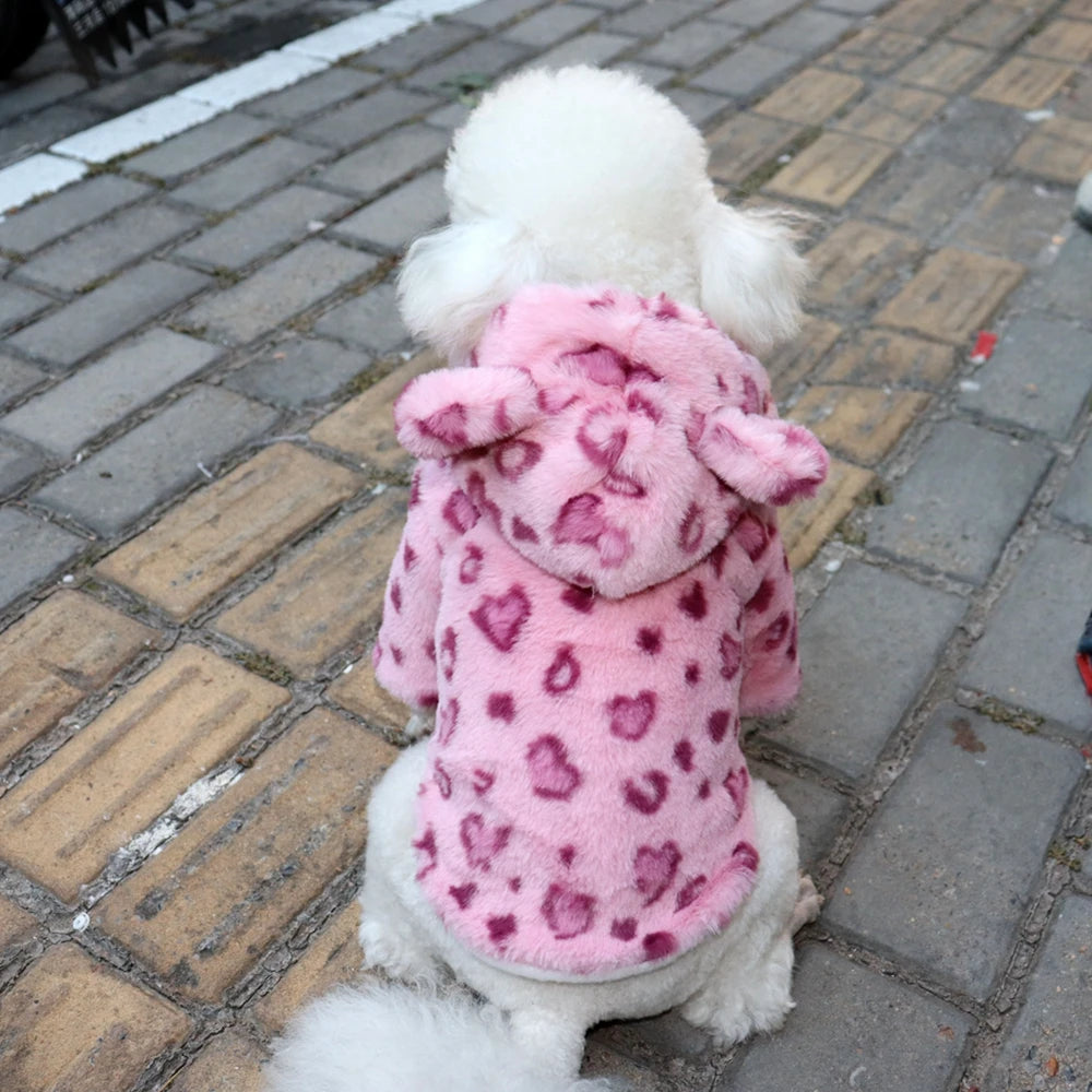 Leopard Dog Hoodie Coat Pet Thick Jacket Winter Overcoat Doggy Thermal Cotton-Padded Clothes Puppy Outfits Cat Sweatshirt