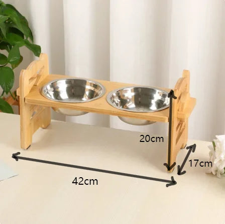 Elevated Stainless Dog Bowls with Bamboo Stand Tilted Adjustable Raised Puppy Cat Food Water Bowls Holder Pet Feeder Accessories