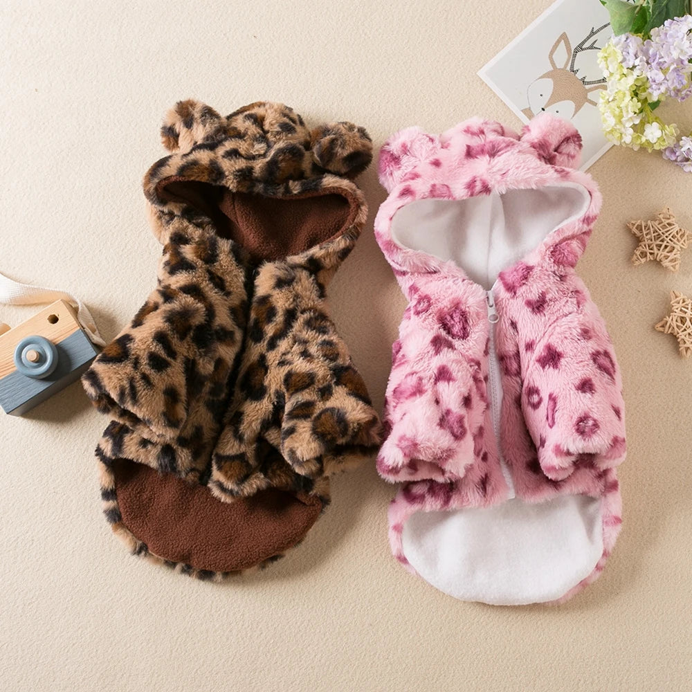 Leopard Dog Hoodie Coat Pet Thick Jacket Winter Overcoat Doggy Thermal Cotton-Padded Clothes Puppy Outfits Cat Sweatshirt