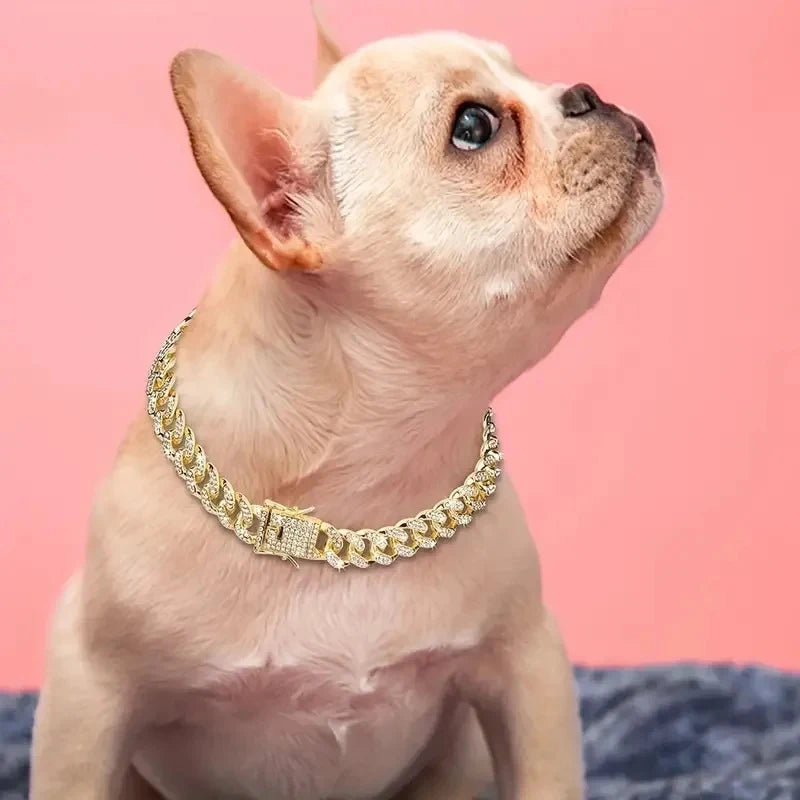 Luxury Gold Dog Chain Collar Cuban Chain Link Choke Collar for Small Medium Large Dogs, Pet Necklace Jewelry Crystal Accessories