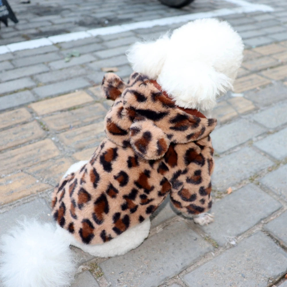 Leopard Dog Hoodie Coat Pet Thick Jacket Winter Overcoat Doggy Thermal Cotton-Padded Clothes Puppy Outfits Cat Sweatshirt
