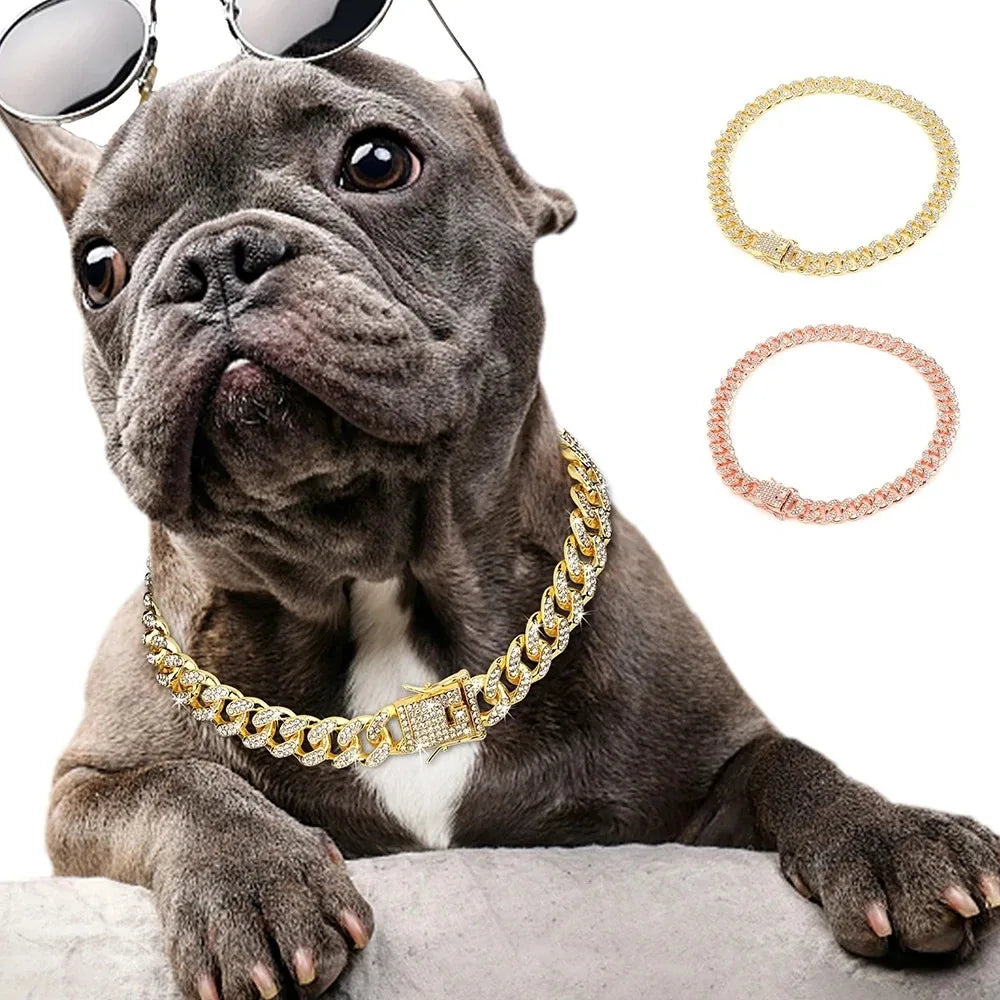 Luxury Gold Dog Chain Collar Cuban Chain Link Choke Collar for Small Medium Large Dogs, Pet Necklace Jewelry Crystal Accessories
