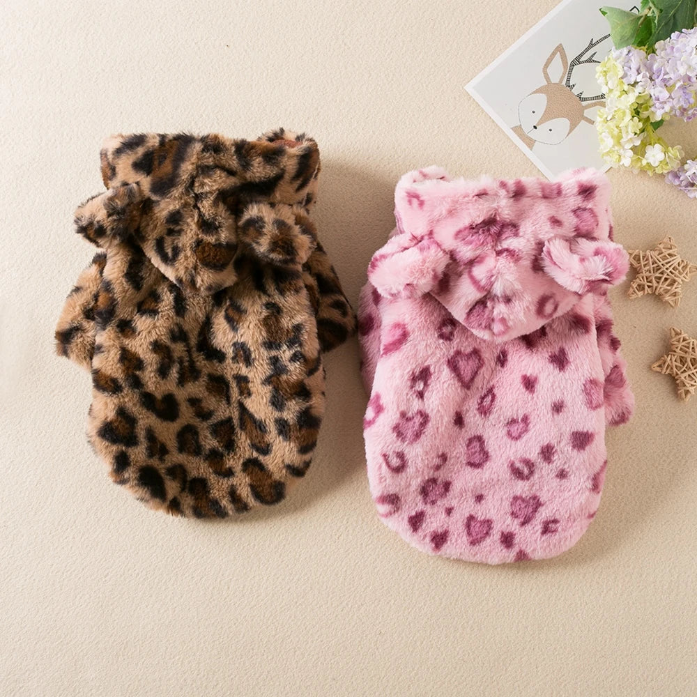Leopard Dog Hoodie Coat Pet Thick Jacket Winter Overcoat Doggy Thermal Cotton-Padded Clothes Puppy Outfits Cat Sweatshirt