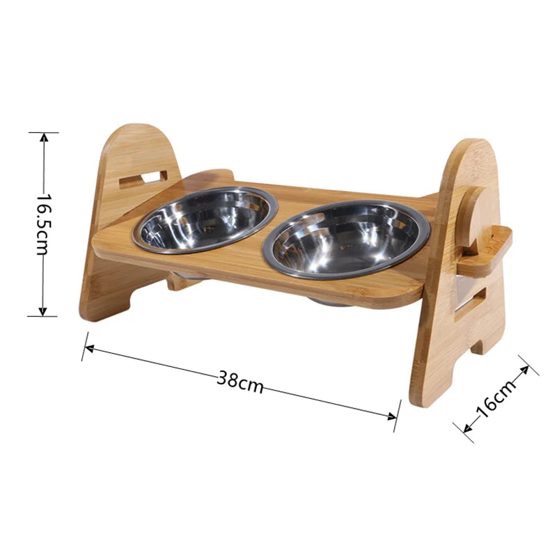 Elevated Stainless Dog Bowls with Bamboo Stand Tilted Adjustable Raised Puppy Cat Food Water Bowls Holder Pet Feeder Accessories