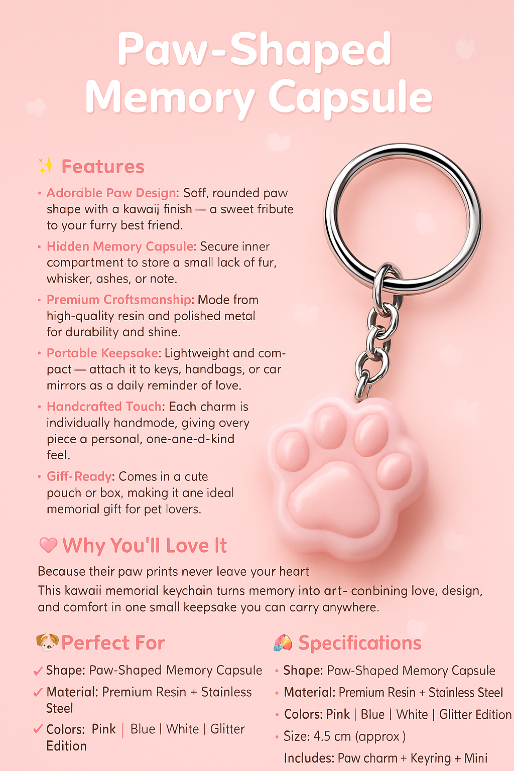🐾 Kawaii Paw-Shaped Memorial Pet Hair Storage Keychain