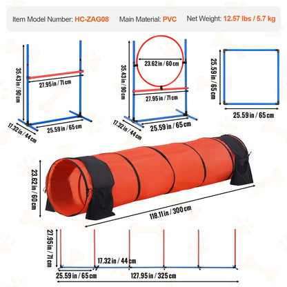 VEVOR Dog Agility Training Equipment 5 PCS Set Upgrade with Adjustable Hurdles Extended Tunne Puppy Obstacle Course Kit with Bag