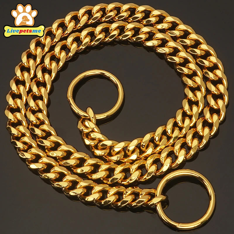 Gold Dog Chain, Stainless Steel Dog Collar Choker, Luxury Designer, Walking and Traning Metal Necklace for Small and Medium Dogs