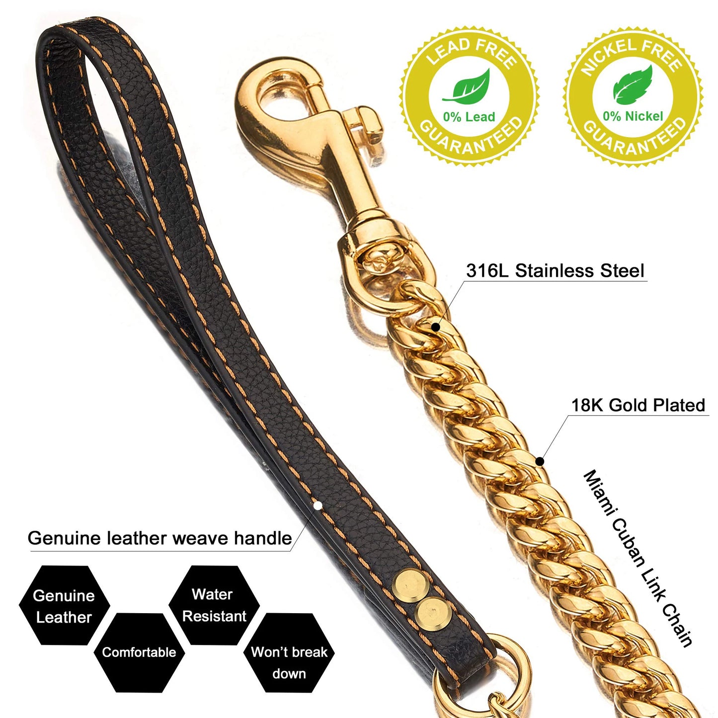 10MM Gold Dog Leash Stainless Steel Metal Chew Proof Dog Lead Chain for Dogs Pet Traction Rope