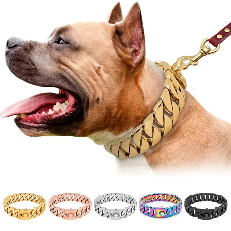 Strong Gold Cuban Chain Dogs Collar Stainless Steel 32mm Large Dog Collar Choke Personalized Collar Strap for Medium Large Dogs