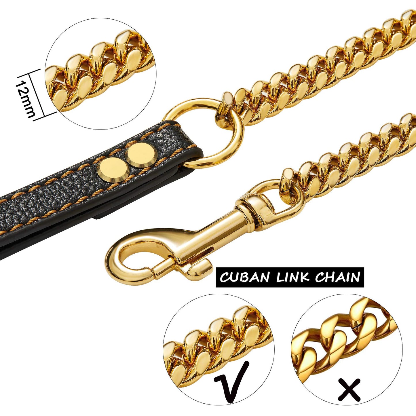 10MM Gold Dog Leash Stainless Steel Metal Chew Proof Dog Lead Chain for Dogs Pet Traction Rope